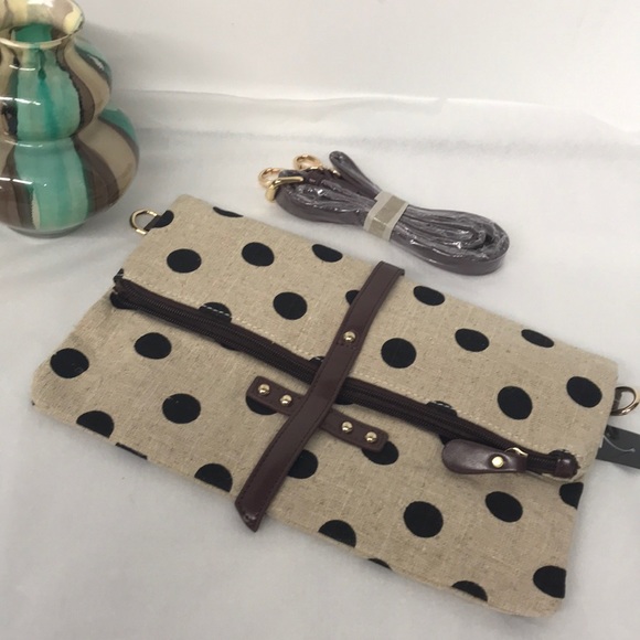 Handbags - Beige Crossbody Clutch Handbag Black Polka-Dots